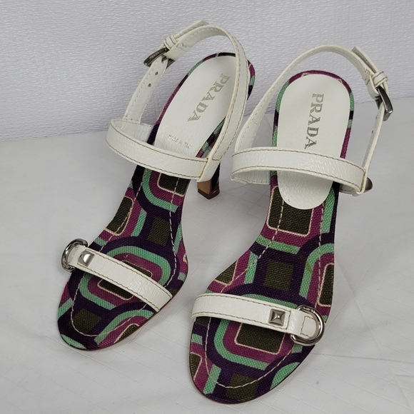 Prada Calzature Donna White Leather Cinghiale Viola Slingback Heel Sandals Sz 39 - Picture 3 of 12